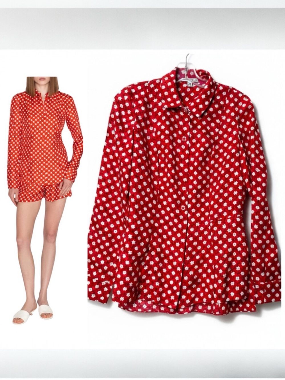 Carven Paris 100% Silk Floral Fitted Dots S Button Up Blouse Red White Graphic